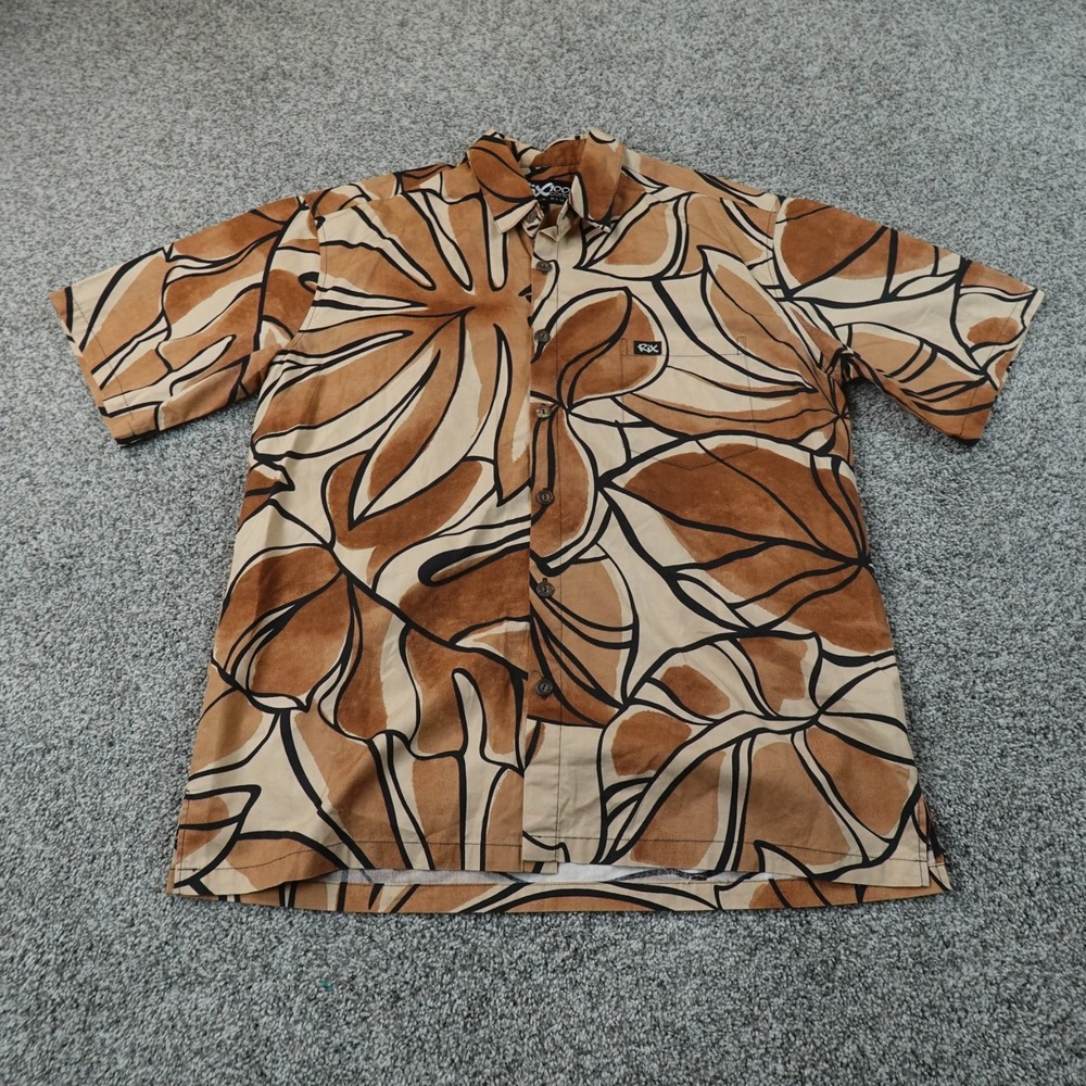 Rix Shirt Mens L Brown Tan Tropical Leaf Hawaiian Button Up Short Sleeve USA Top